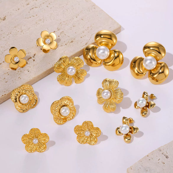 Wholesale Stainless Steel Light Luxury Geometric Petal Flower Inlaid Bead Earrings Electroplated 18K Gold For Women