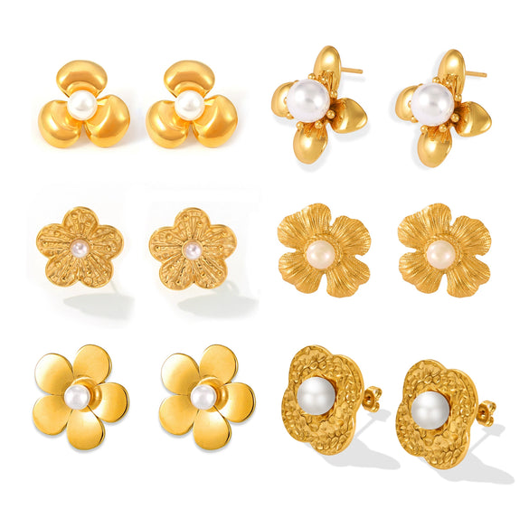 Wholesale Stainless Steel Light Luxury Geometric Petal Flower Inlaid Bead Earrings Electroplated 18K Gold For Women