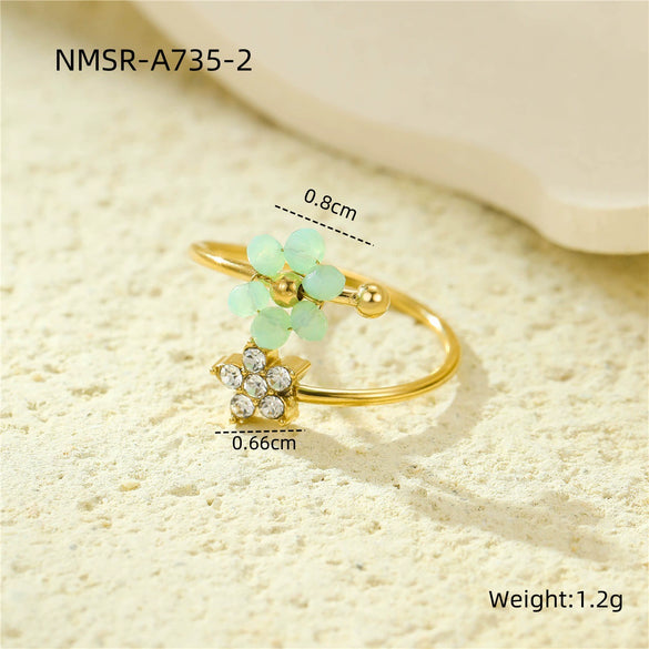 Wholesale Stainless Steel Light Luxury Women's Ring With Natural Stone Flower Zircon Design And Electroplating