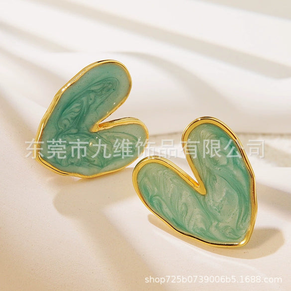 Wholesale Stainless Steel Love Earrings With Dripping Oil Design And Peach Heart Shape For Women