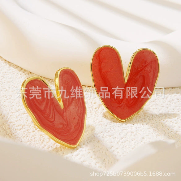 Wholesale Stainless Steel Love Earrings With Dripping Oil Design And Peach Heart Shape For Women