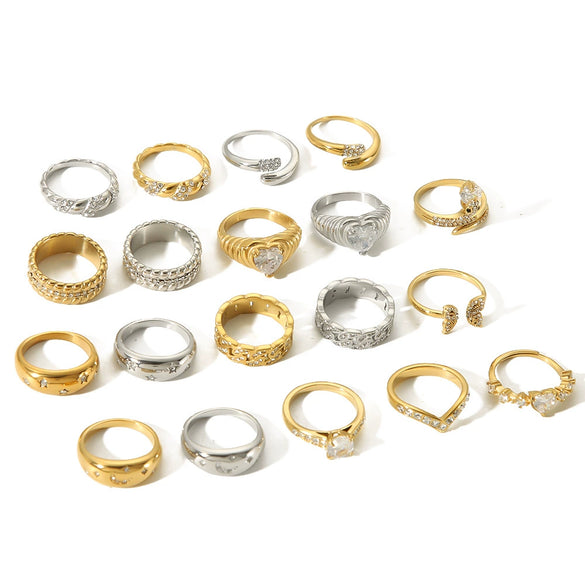 Wholesale Stainless Steel Love Inlaid Zircon Croissant Five Pointed Star Couple Ring With 18K Vacuum Plating In Furnace