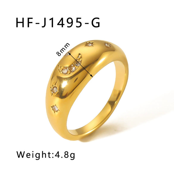 Wholesale Stainless Steel Love Inlaid Zircon Croissant Five Pointed Star Couple Ring With 18K Vacuum Plating In Furnace