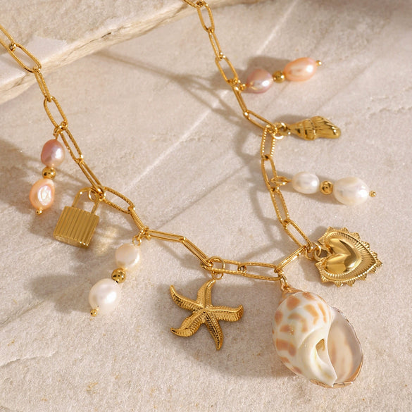 Wholesale Stainless Steel Love Pearl Pendant Necklace With Animal Zodiac Pattern For Women Electroplated