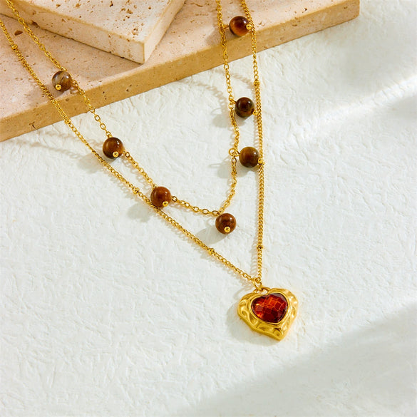 Wholesale Stainless Steel Love Pendant Necklace With Heart Shape Pattern Electroplated Double Stacked O Chain For Women Tiger's Eye Stone Retro Style