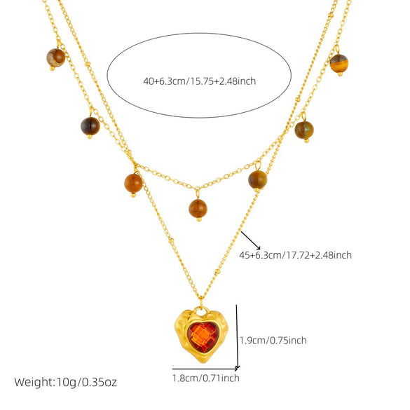 Wholesale Stainless Steel Love Pendant Necklace With Heart Shape Pattern Electroplated Double Stacked O Chain For Women Tiger's Eye Stone Retro Style