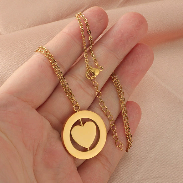 Wholesale Stainless Steel Love Rotatable Double Round Necklace Jewelry Clavicle Chain With Geometric Style
