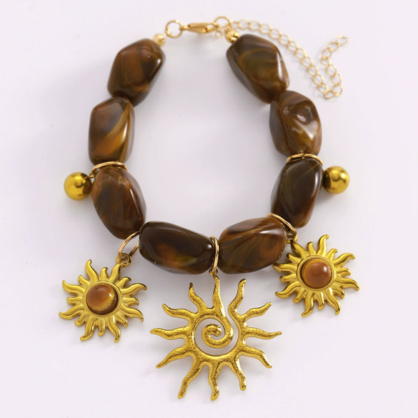 Wholesale Stainless Steel Maillard Retro Brown Beaded Bracelet With Bohemian Sun Pendant For Women
