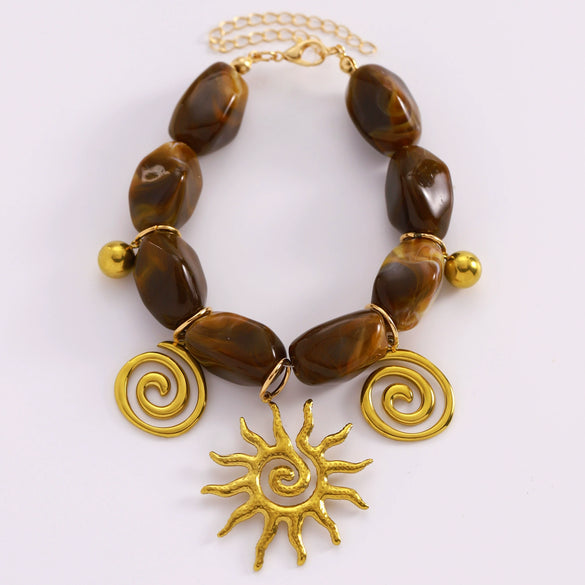 Wholesale Stainless Steel Maillard Retro Brown Beaded Bracelet With Bohemian Sun Pendant For Women