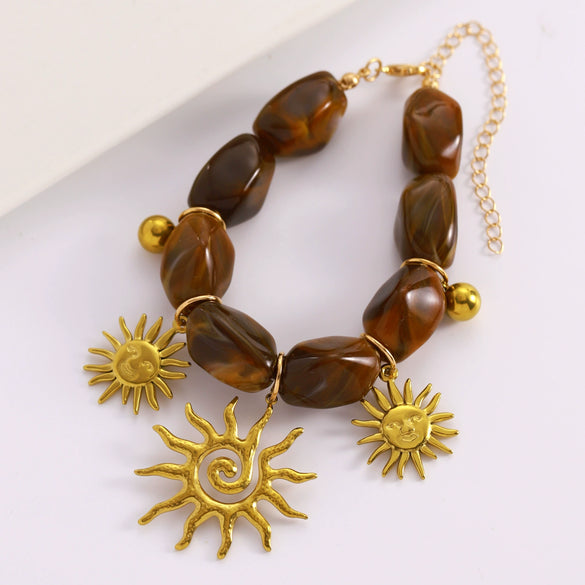 Wholesale Stainless Steel Maillard Retro Brown Beaded Bracelet With Bohemian Sun Pendant For Women