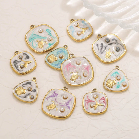 Wholesale Stainless Steel Marine Style Pendants With Shells Mermaids Turtles Square Oval Shapes Electroplated