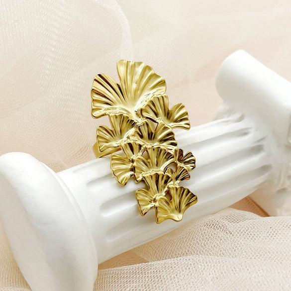 Wholesale Stainless Steel Medievalstyle Ginkgo Leaf Stacked Long Earrings Plated With Gold