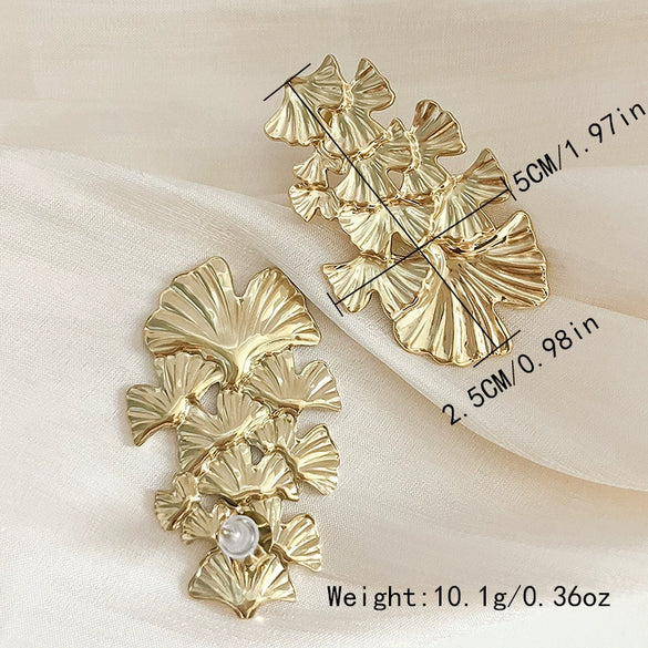 Wholesale Stainless Steel Medievalstyle Ginkgo Leaf Stacked Long Earrings Plated With Gold