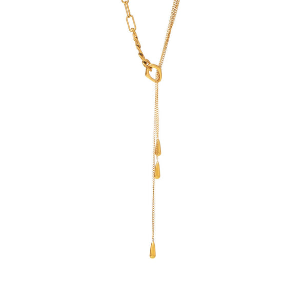 Wholesale Stainless Steel Multi Layer Pull Out Water Drop Sweater Chain With Geometric Pattern Vacuum Plated 18K Gold Adjustable For Women