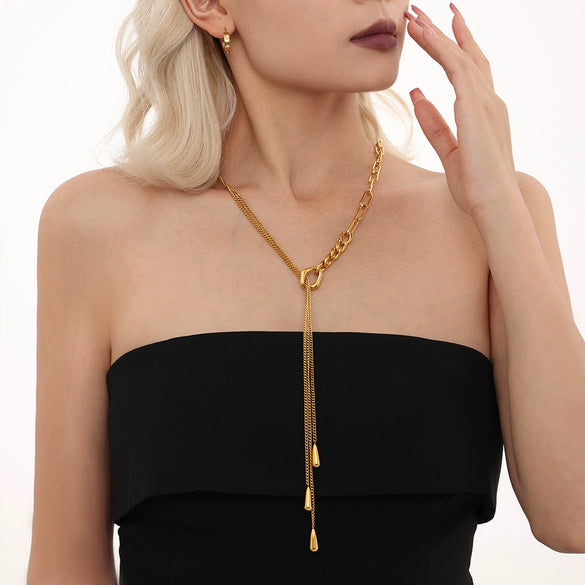 Wholesale Stainless Steel Multi Layer Pull Out Water Drop Sweater Chain With Geometric Pattern Vacuum Plated 18K Gold Adjustable For Women