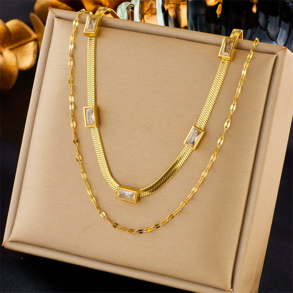 Wholesale Stainless Steel Multilayered Inlaid Green Diamond Metal Necklace Retro Simple Fashion Design Electroplating