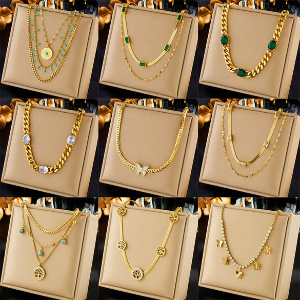 Wholesale Stainless Steel Multilayered Inlaid Green Diamond Metal Necklace Retro Simple Fashion Design Electroplating