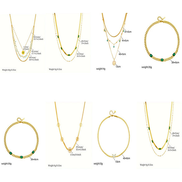 Wholesale Stainless Steel Multilayered Inlaid Green Diamond Metal Necklace Retro Simple Fashion Design Electroplating