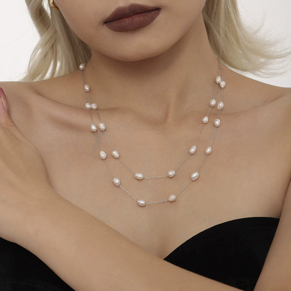 Wholesale Stainless Steel Natural Freshwater Pearl Geometric Light Luxury Sweater Chain Clavicle Necklace With Electroplating