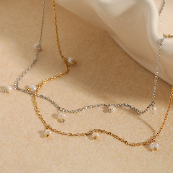 Wholesale Stainless Steel Natural Pearl Tassel Pendant Necklace Light Luxury Geometric Electroplated For Women