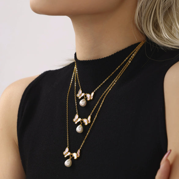 Wholesale 316L Stainless Steel Natural Shell Double Butterfly Geometric Clavicle Necklace Pvd Plated 18K Gold Jewelry For Women