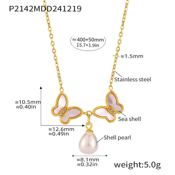 Wholesale 316L Stainless Steel Natural Shell Double Butterfly Geometric Clavicle Necklace Pvd Plated 18K Gold Jewelry For Women