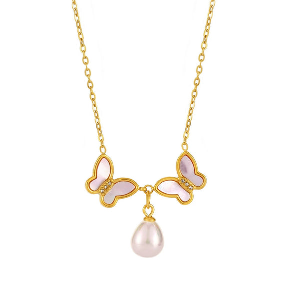 Wholesale 316L Stainless Steel Natural Shell Double Butterfly Geometric Clavicle Necklace Pvd Plated 18K Gold Jewelry For Women