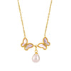 Wholesale Stainless Steel Natural Shell Double Butterfly Geometric Diamond Beads Collarbone Necklace Pvd Plated 18K Gold Jewelry For Women