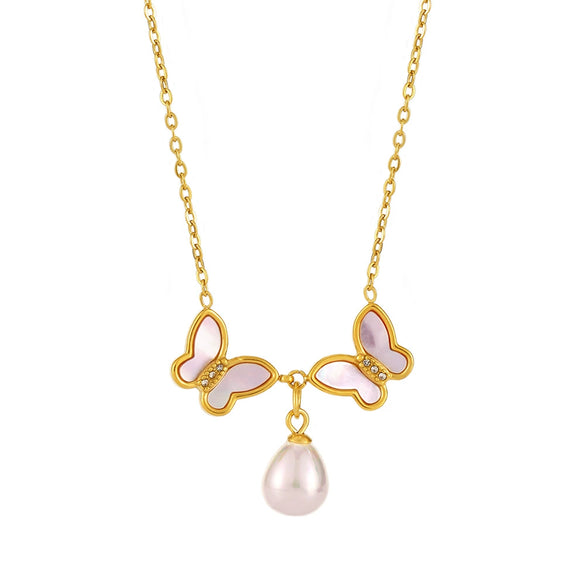 Wholesale Stainless Steel Natural Shell Double Butterfly Geometric Diamond Beads Collarbone Necklace Pvd Plated 18K Gold Jewelry For Women