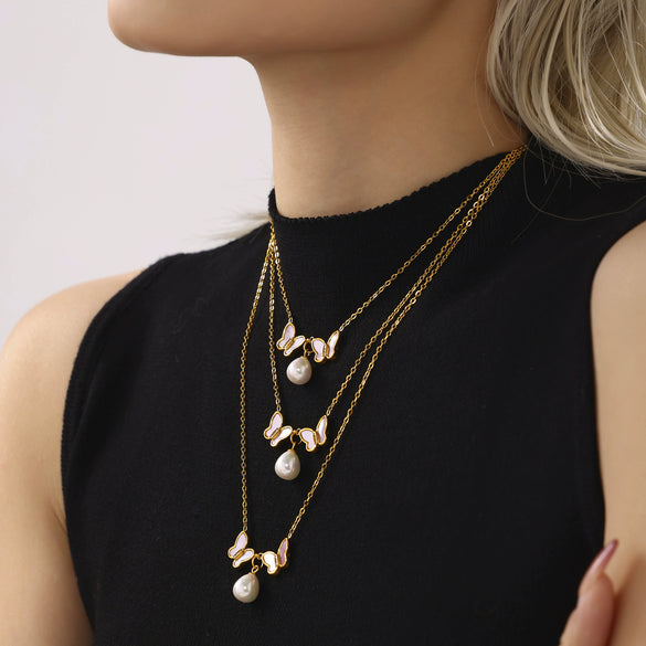 Wholesale Stainless Steel Natural Shell Double Butterfly Geometric Diamond Beads Collarbone Necklace Pvd Plated 18K Gold Jewelry For Women