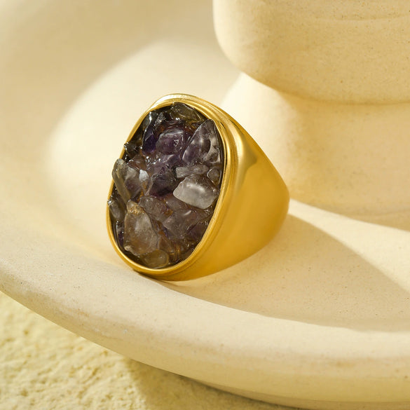 Wholesale Stainless Steel Natural Stone Geometric Ring Electroplated Fashion Women's Hand Jewelry