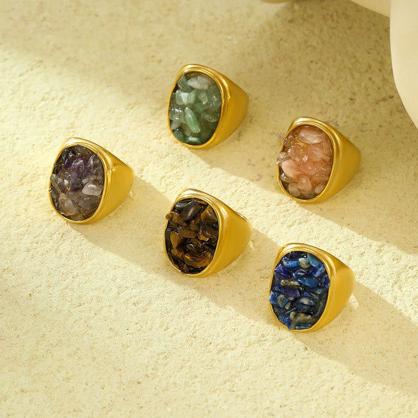 Wholesale Stainless Steel Natural Stone Geometric Ring Electroplated Fashion Women's Hand Jewelry