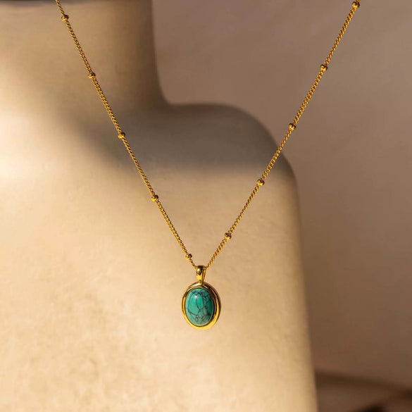 Wholesale Stainless Steel Natural Turquoise Pendant Necklace With Vacuum Plating 18K Gold Color