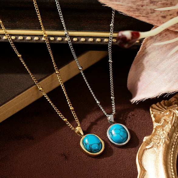 Wholesale Stainless Steel Natural Turquoise Pendant Necklace With Vacuum Plating 18K Gold Color