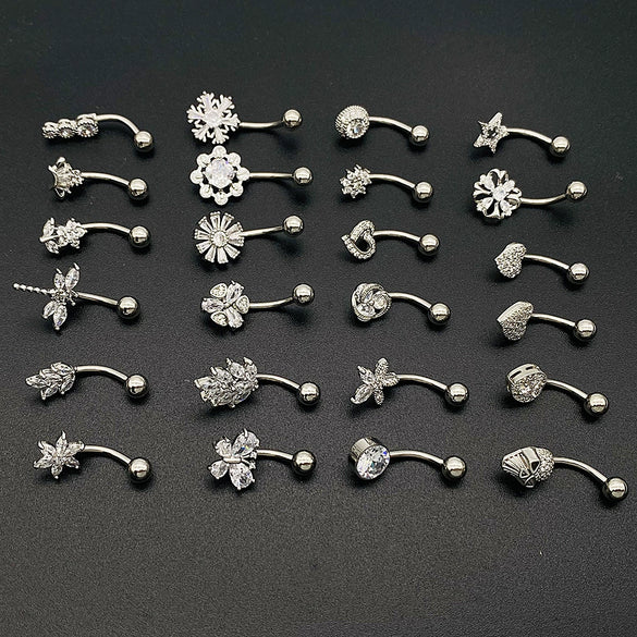 Wholesale Stainless Steel Navel Ring With Heart Butterfly Skull Leaves Star Crown Flowers Zircon Electroplated Women's Piercing Jewelry