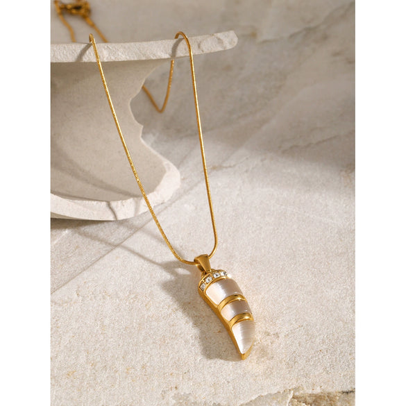 Wholesale Stainless Steel Necklace Electroplated With Ivory Inlaid Cat's Eye Stone Geometric Design