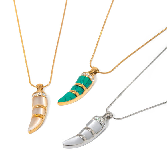 Wholesale Stainless Steel Necklace Electroplated With Ivory Inlaid Cat's Eye Stone Geometric Design