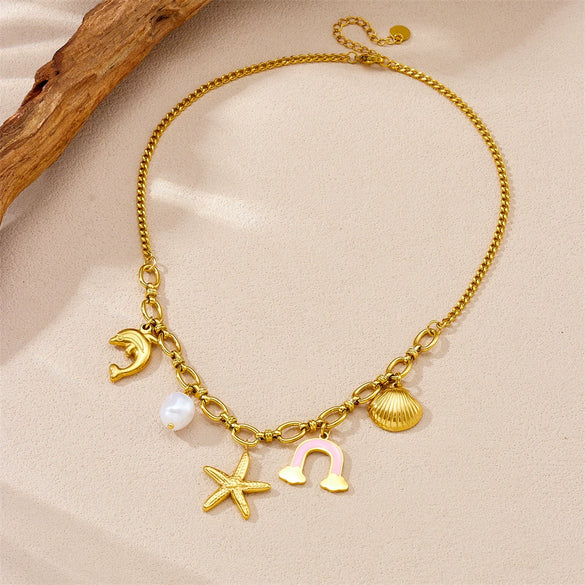 Wholesale Stainless Steel Necklace Ushaped Ocean Series Oil Dripping Rainbow Clouds Shells Starfish Electroplating For Women Minimalist Style