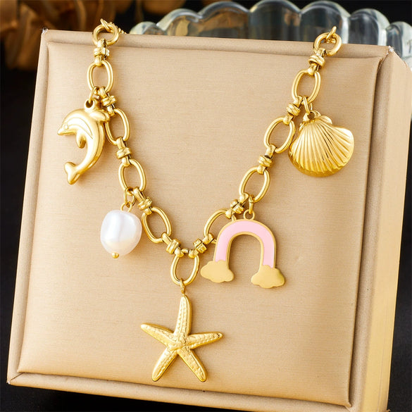Wholesale Stainless Steel Necklace Ushaped Ocean Series Oil Dripping Rainbow Clouds Shells Starfish Electroplating For Women Minimalist Style