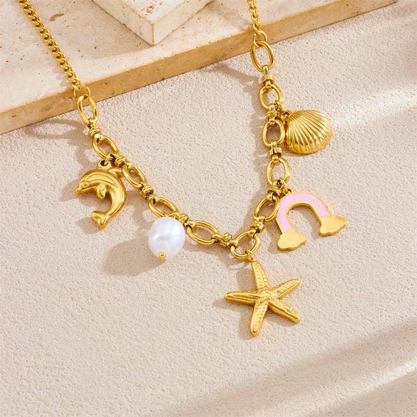 Wholesale Stainless Steel Necklace Ushaped Ocean Series Oil Dripping Rainbow Clouds Shells Starfish Electroplating For Women Minimalist Style