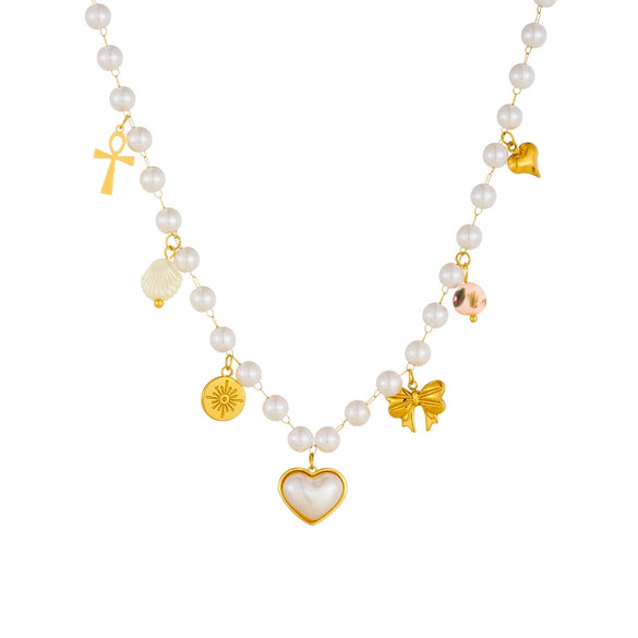 Wholesale Stainless Steel Necklace With Imitation Pearl Chain Scallop Heart Bow Star Pendant And Electroplating Design