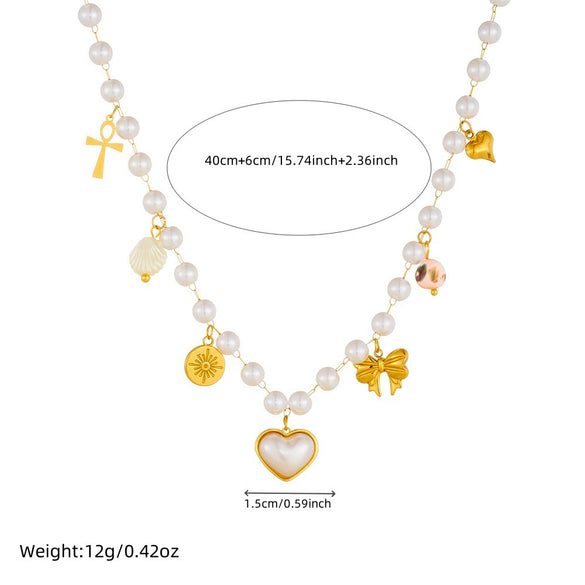 Wholesale Stainless Steel Necklace With Imitation Pearl Chain Scallop Heart Bow Star Pendant And Electroplating Design