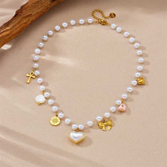 Wholesale Stainless Steel Necklace With Imitation Pearl Chain Scallop Heart Bow Star Pendant And Electroplating Design