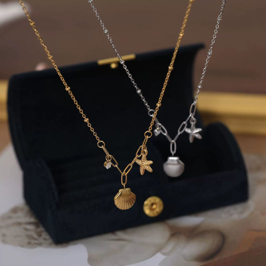 Wholesale Stainless Steel Necklace With Ocean Wind Shell Starfish And Pearl Elements Furnace Vacuum Plated 18K Gold Color Preservation