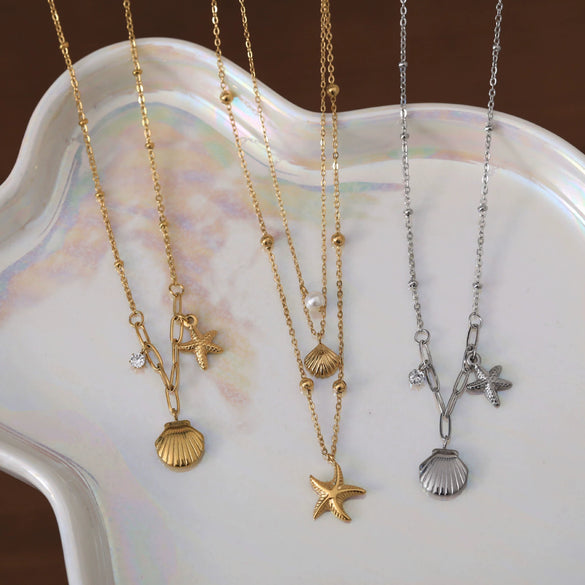 Wholesale Stainless Steel Necklace With Ocean Wind Shell Starfish And Pearl Elements Furnace Vacuum Plated 18K Gold Color Preservation