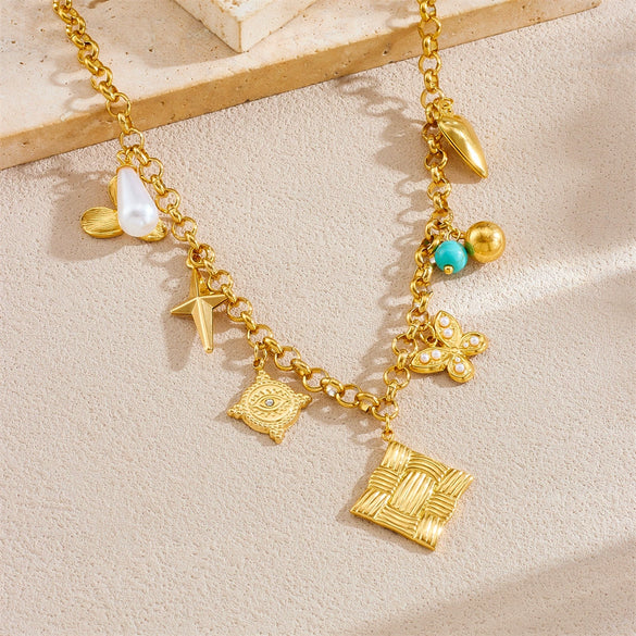 Wholesale Stainless Steel Necklace With Retro Multielement Bow Pattern And Electroplated Butterfly Eyes Square Pendant And O Word Chain For Women