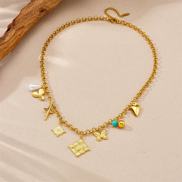 Wholesale Stainless Steel Necklace With Retro Multielement Bow Pattern And Electroplated Butterfly Eyes Square Pendant And O Word Chain For Women