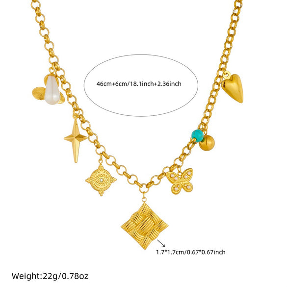 Wholesale Stainless Steel Necklace With Retro Multielement Bow Pattern And Electroplated Butterfly Eyes Square Pendant And O Word Chain For Women