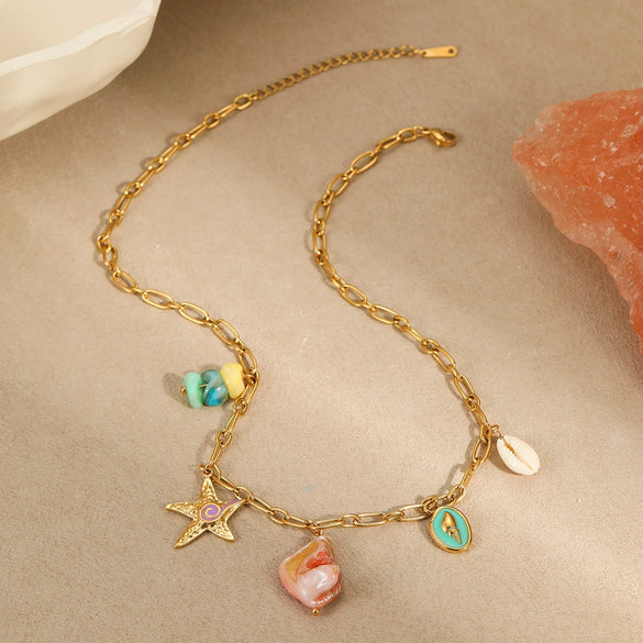 Wholesale Stainless Steel Necklace With Shell Conch Natural Stone Pendant Geometric Style Electroplating For Women