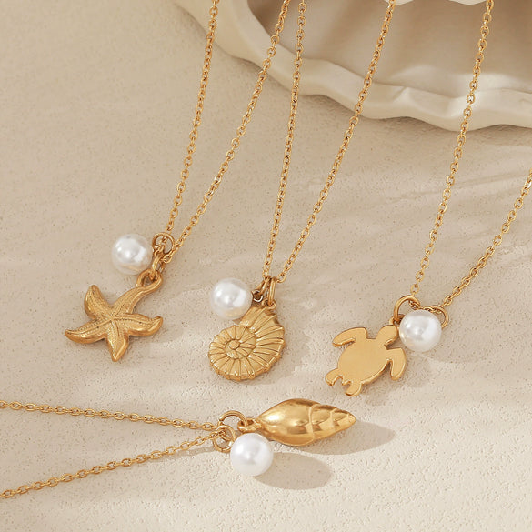 Wholesale Stainless Steel Ocean Series Necklace With Turtle Conch Pearl Pendant Electroplated 18K Gold Non Fading Animal Pattern